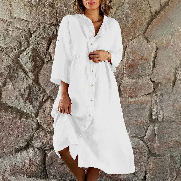 VChics Solid Color Cotton And Linen Casual Button Dress