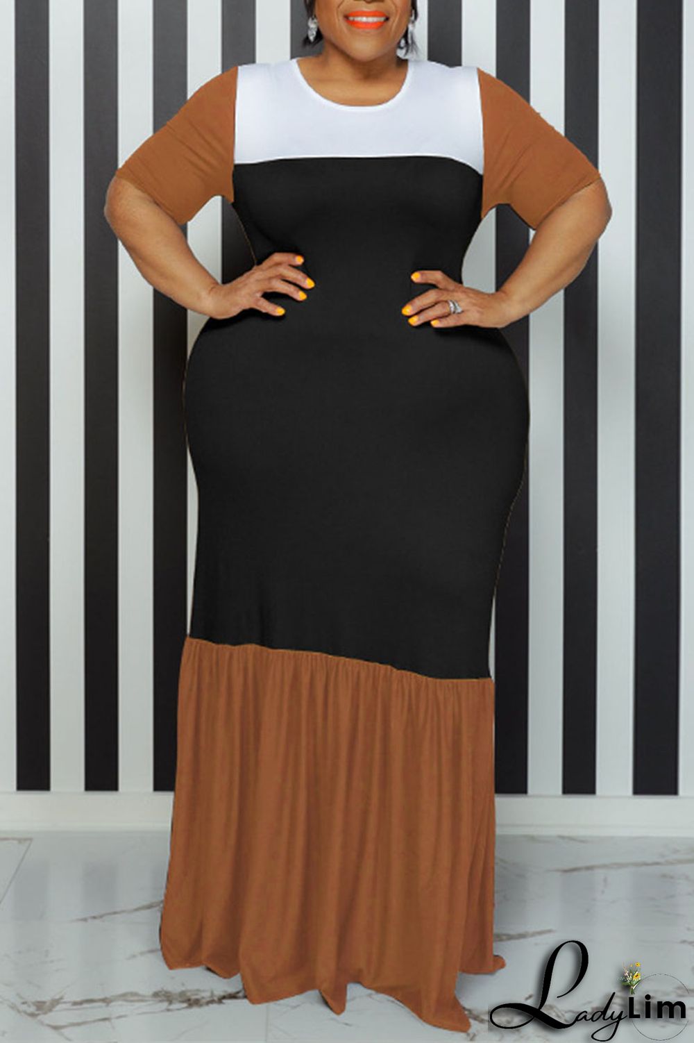 Pink Casual Solid Patchwork O Neck Straight Plus Size Dresses