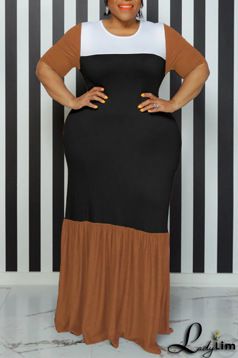 Pink Casual Solid Patchwork O Neck Straight Plus Size Dresses