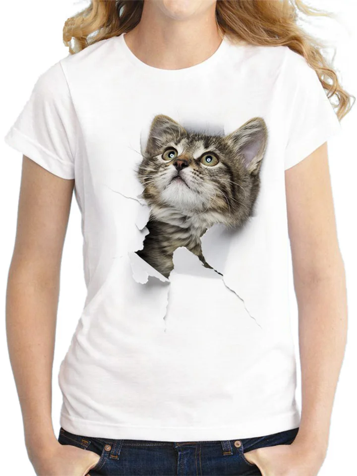 White T-shirt Cat Print Short Sleeve Loose Ladies Top S M L XL 2XL 3XL 4XL-Cosfine