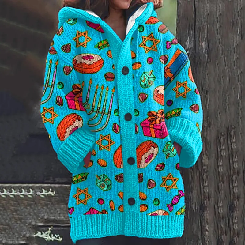 Women's Jewish Hanukkah Print Knitted Hooded Cardigan