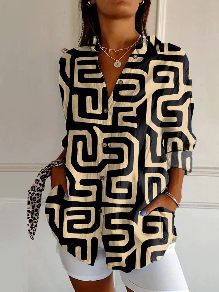 Vintage Labyrinth Abstract Art Print Casual Long-sleeved Shirt