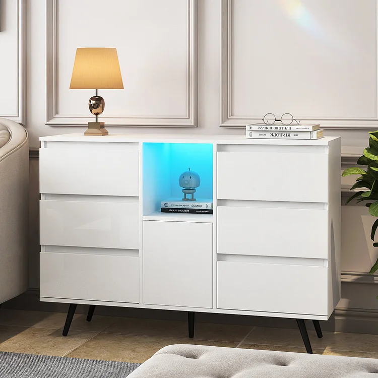 6 Drawer Double Dresser with Lights, HSUNNS Wood Double Dresser with 6 Drawer and 1 Cabinet, Wood Chest of 6 Drawers Sideboard Storage Cabinet for Living Room, White