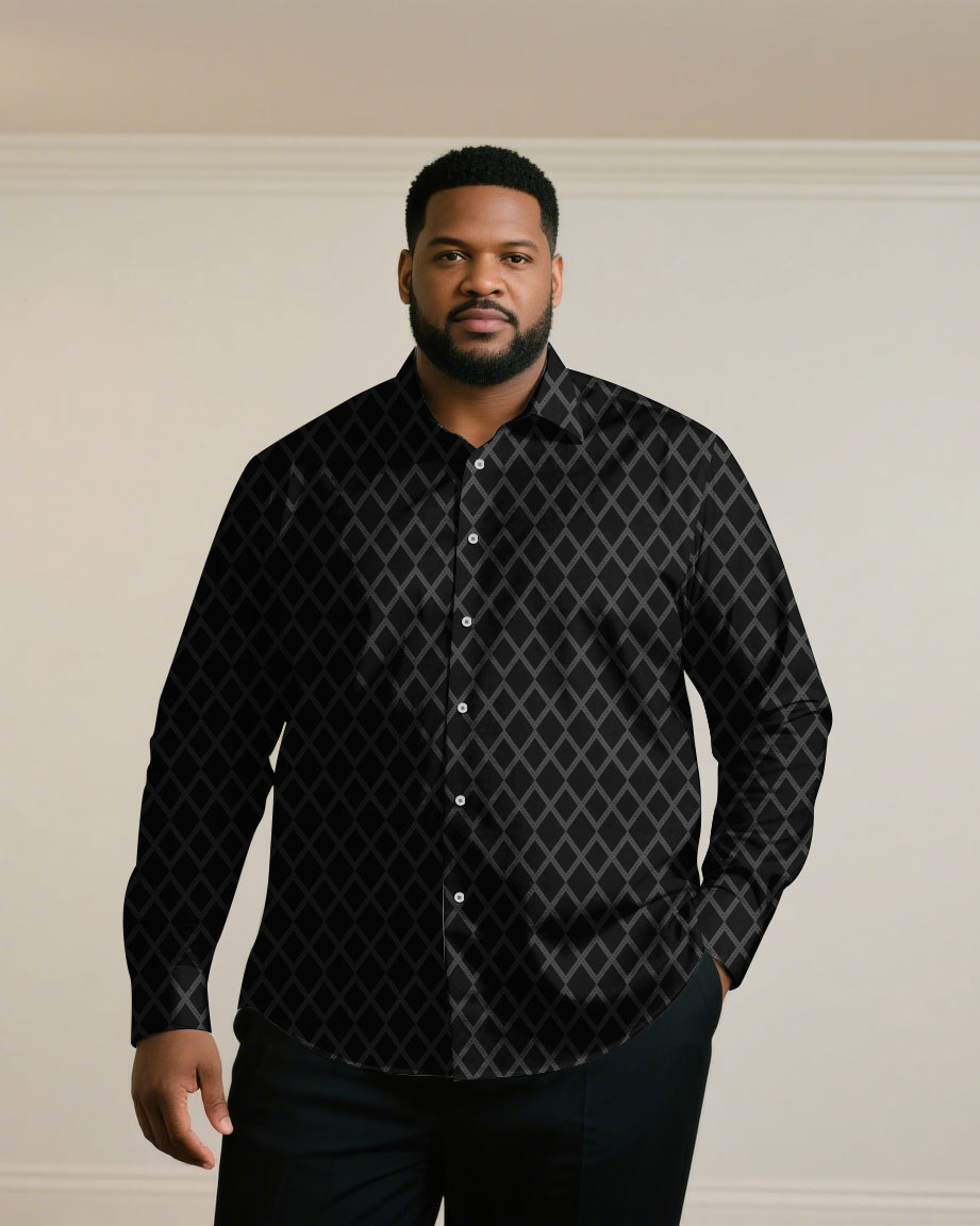 Big & Tall Men's Business Green & Khaki & Black & Red Jacquard Long Sleeve Shirt