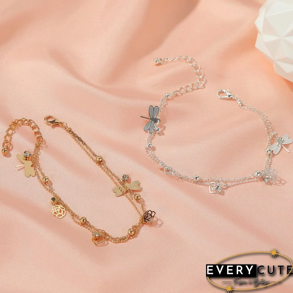 Holiday Style Beach Rose Dragonfly Zircon Multilayer Anklet