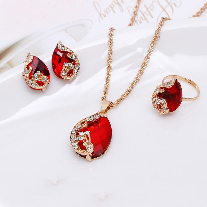 UsmallLifes King  4PCS Trendy Water Droplets Peacock Jewelry Set Crystal Elegant Necklace/Earrings/Ring for Cocktail US Mall Lifes