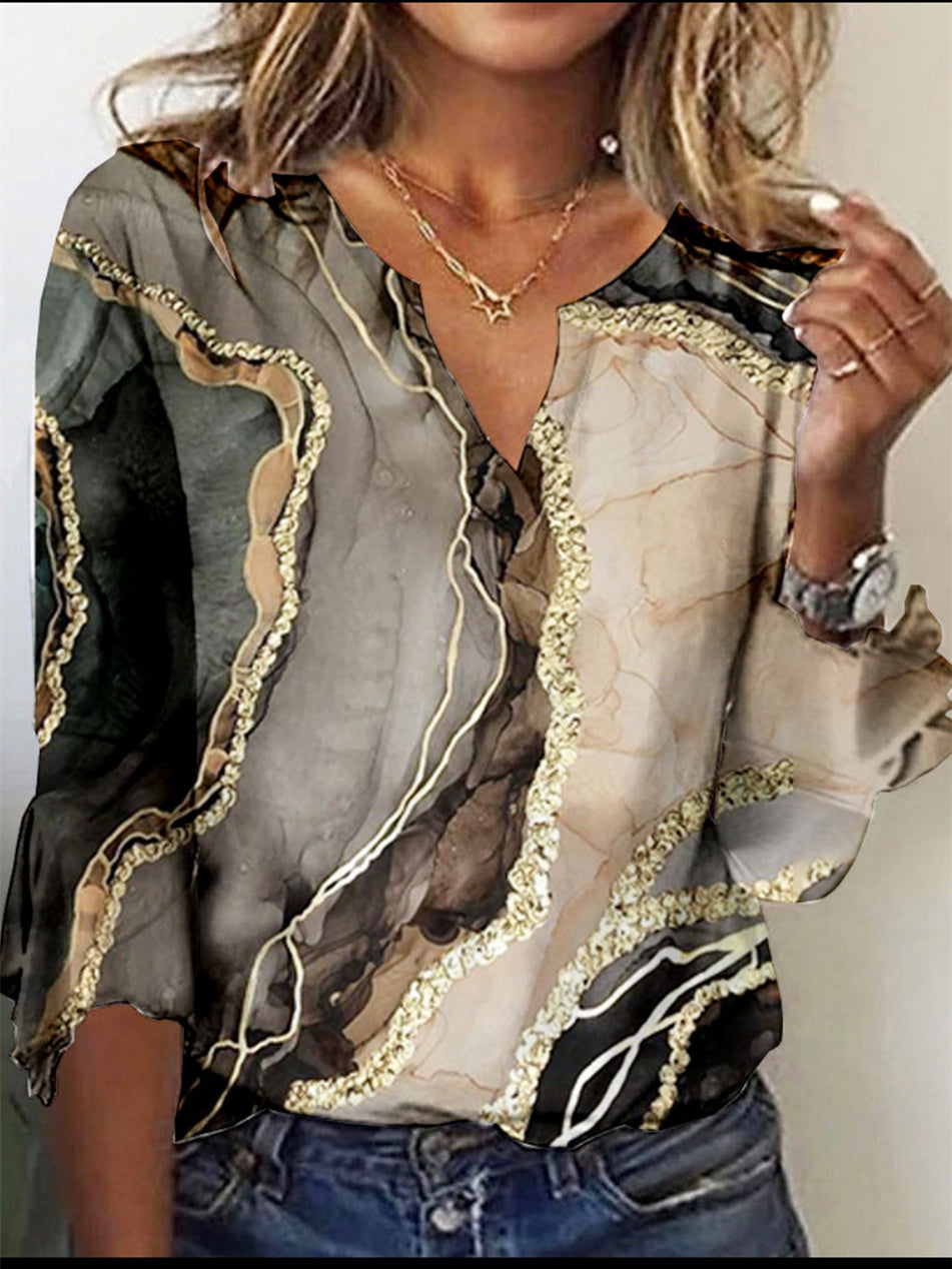 Women Long Sleeve V-neck Graphic Floral Printed Top