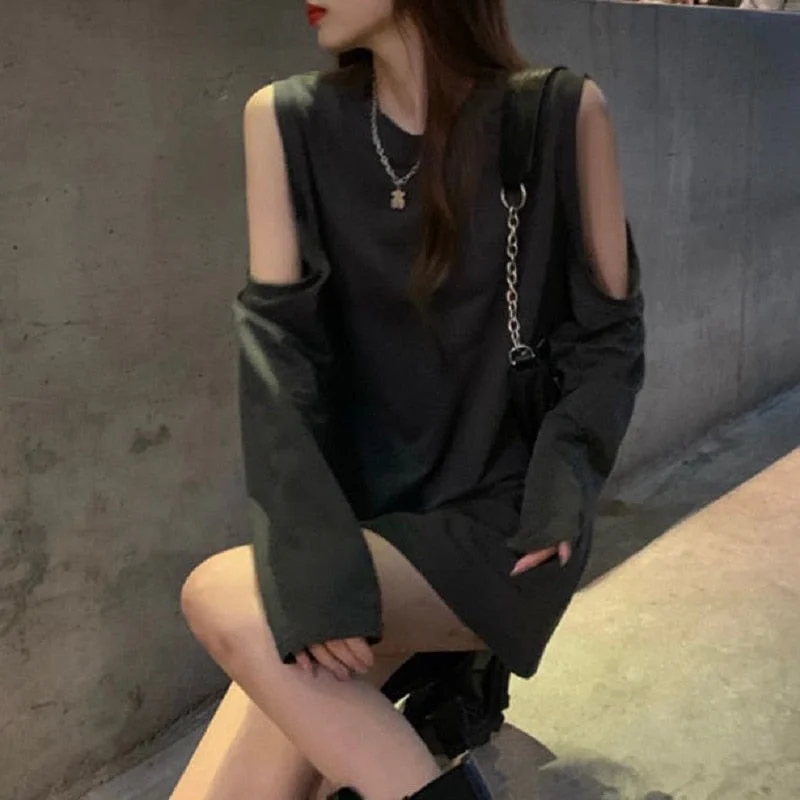Deeptown Korean Style Solid Hoodie Women Streetwear Grey Hollow Out Open Shoulder Pullovers O-neck Goth Punk Sweatshirts Female