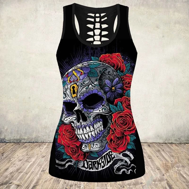 Tank Tops Women 3D Skull Printed Cut Out Back Tshirt Halloween Gothic Sleeveless Top Gym Workout Vest Fitness Shirt Tees