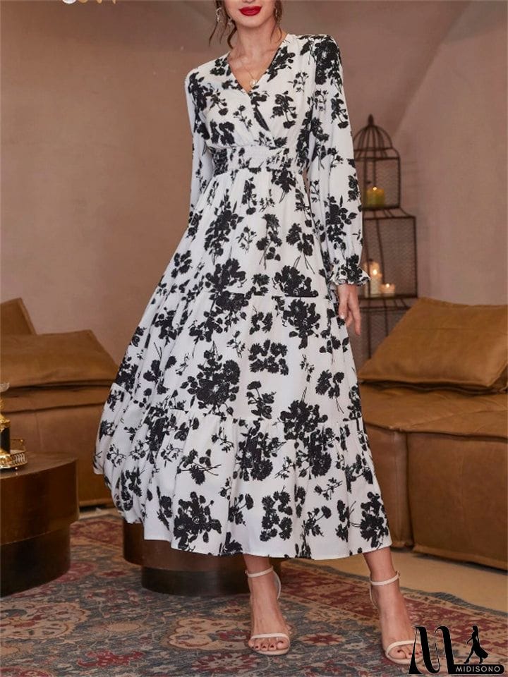 MidiSono - Autumn Winter Female Flower Print Long-sleeved Dresses