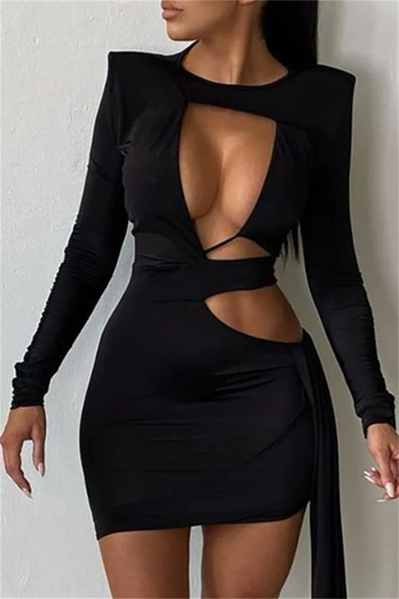 Fashion Sexy Solid Hollowed Out O Neck Long Sleeve Dresses
