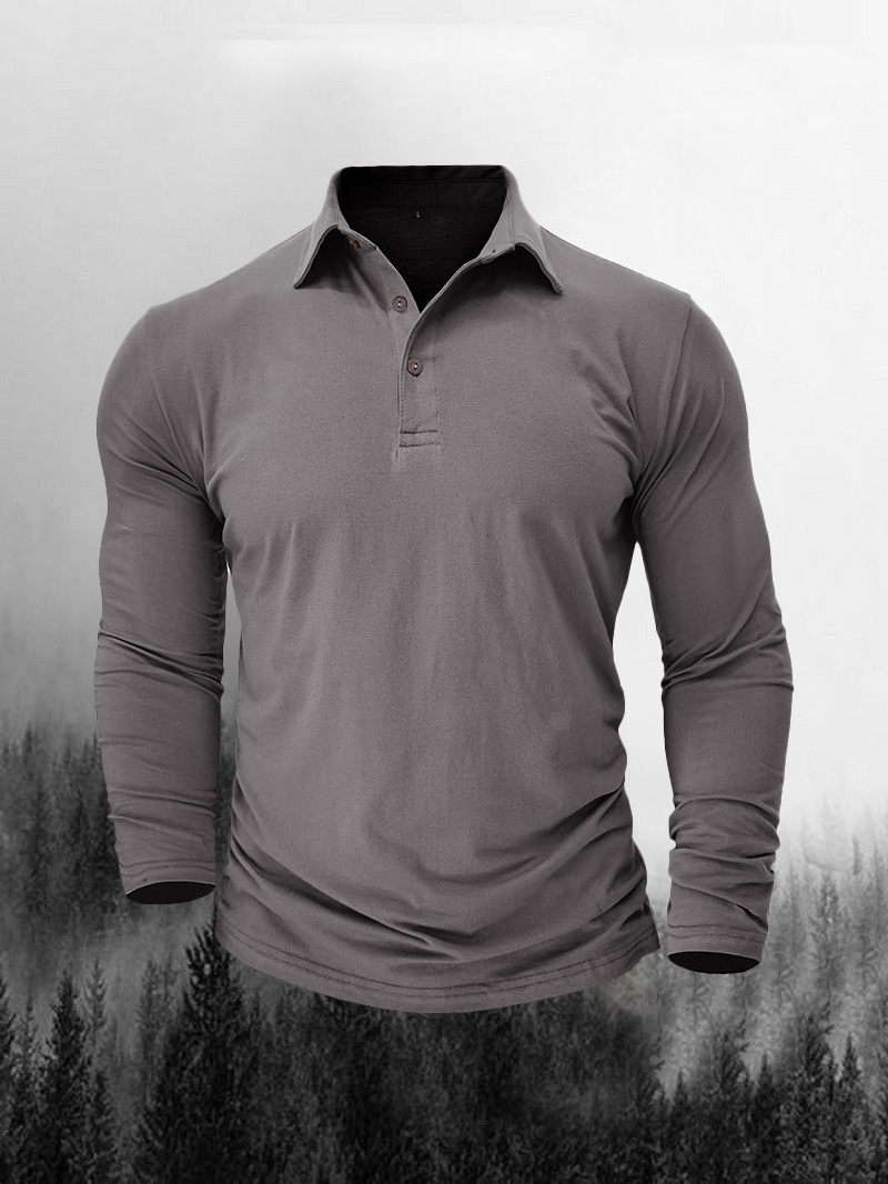 Men's Polo Collar Solid Color Cotton Long-Sleeved Polo Shirt