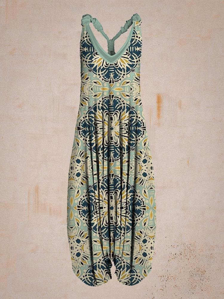 Women Bohemia Style Leaves Print Sleeveless Harem Jumpsuit