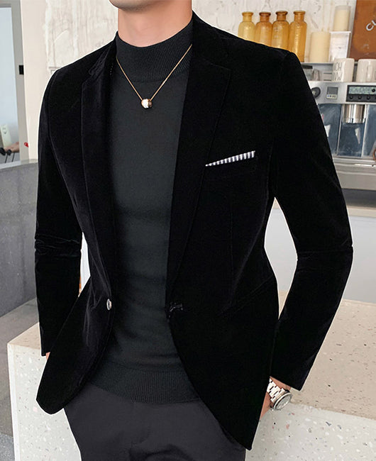 Basic Solid Velvet Lapel Collar Chest Pocket Blazer