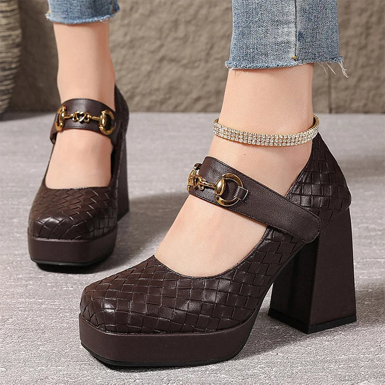 Metal Decor Instep Strap Woven Plain Square Toe Chunky Heels