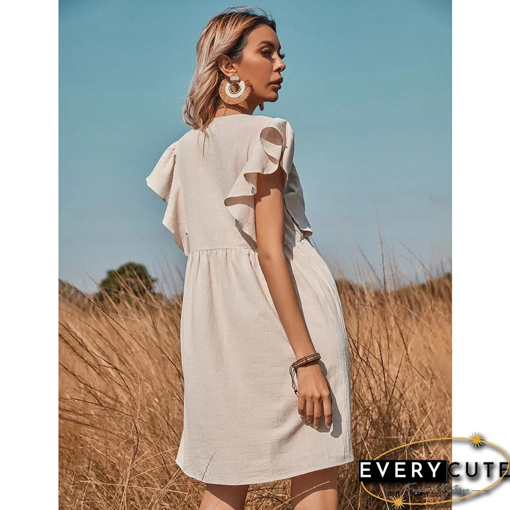 Khaki V Neck Button Ruffle Sleeve Swing Dress