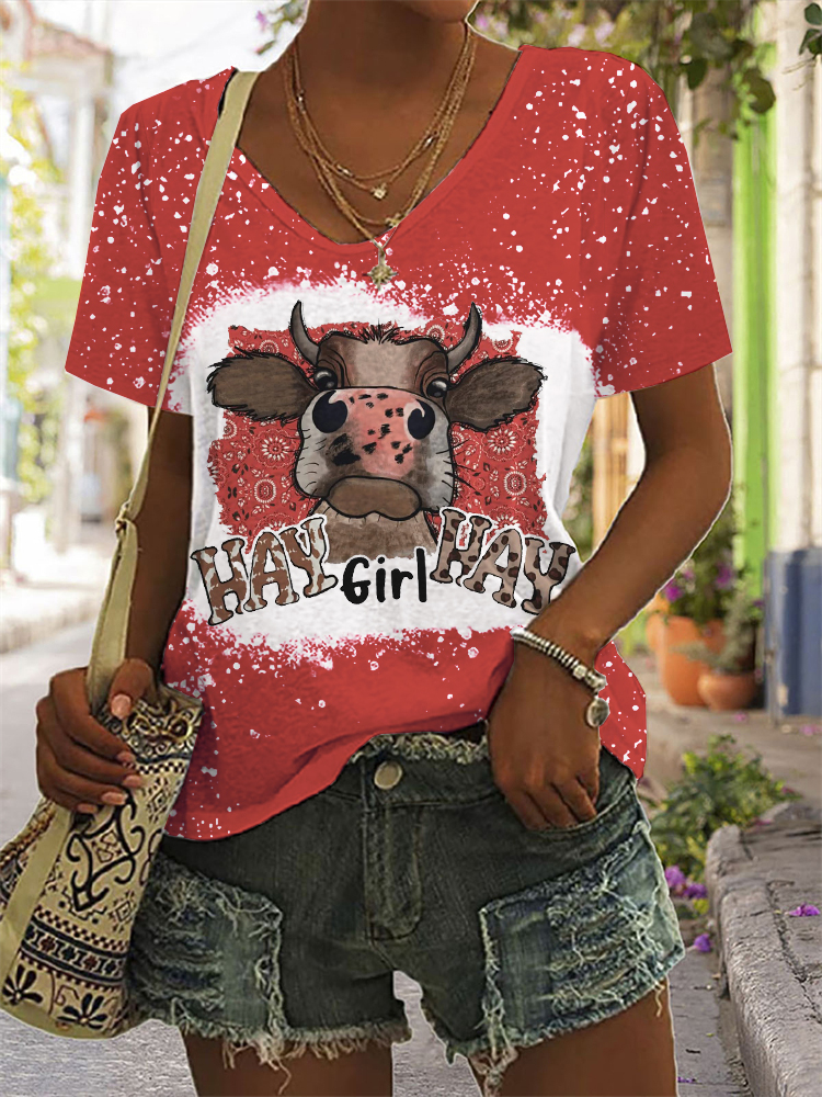 Western Paisley Cow Hay Girl Hay V Neck T Shirt wearshes