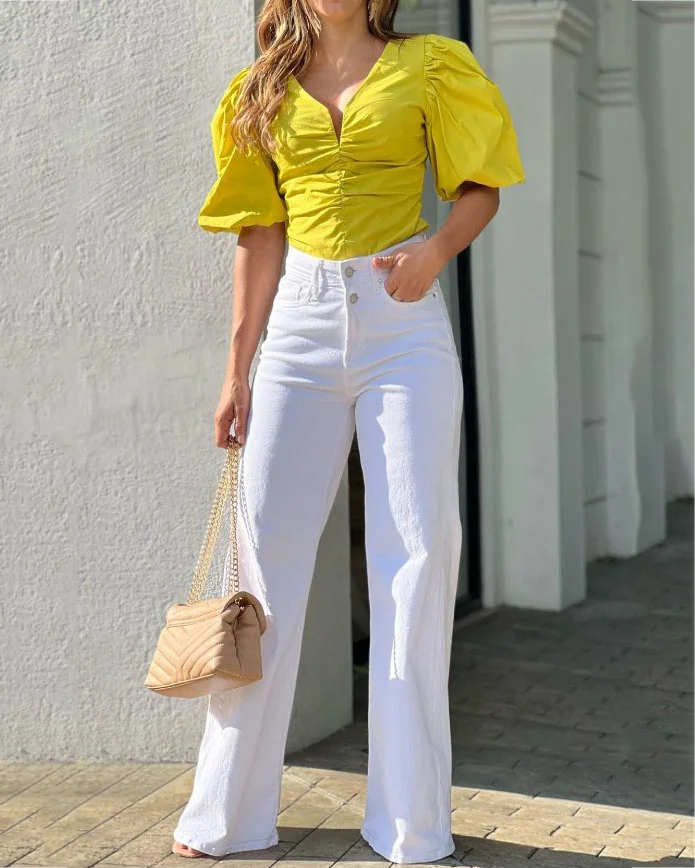 Puff Sleeve Pleated Top Solid Color Pants Two-Piece Set