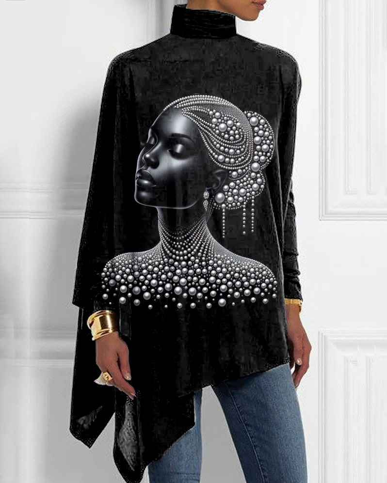 Pearl Girl Art Half Turtleneck Hem Top