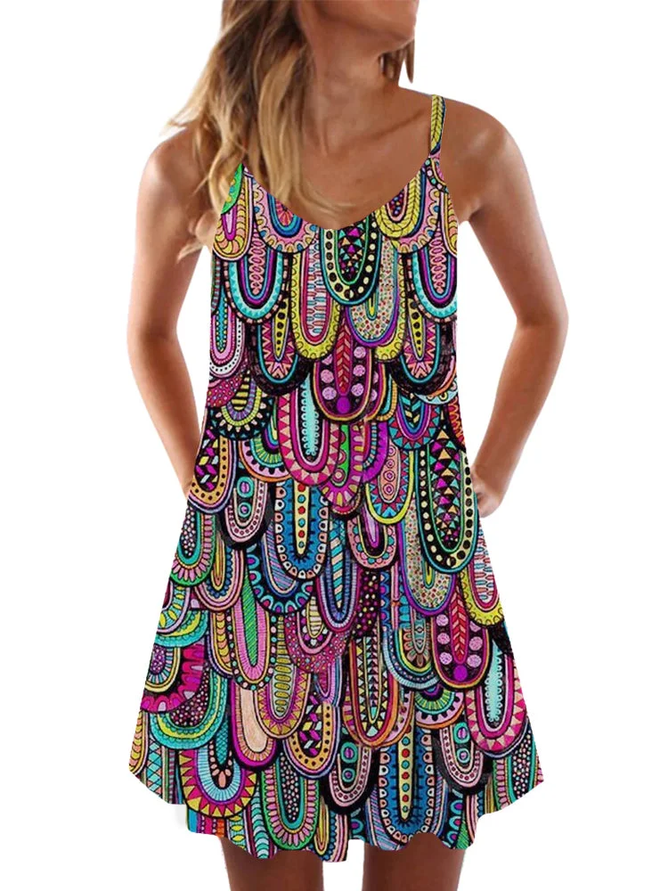 National Style Ethnic Geometric Colorful Peacock Feathers Pattern Printed Sleeveless Camisole Dress