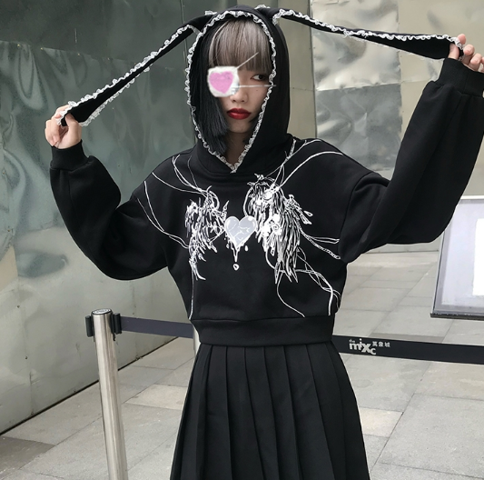 Y2K Lace Rabbit Hat Harajuku Print O-neck Punk Hoodie SP17328