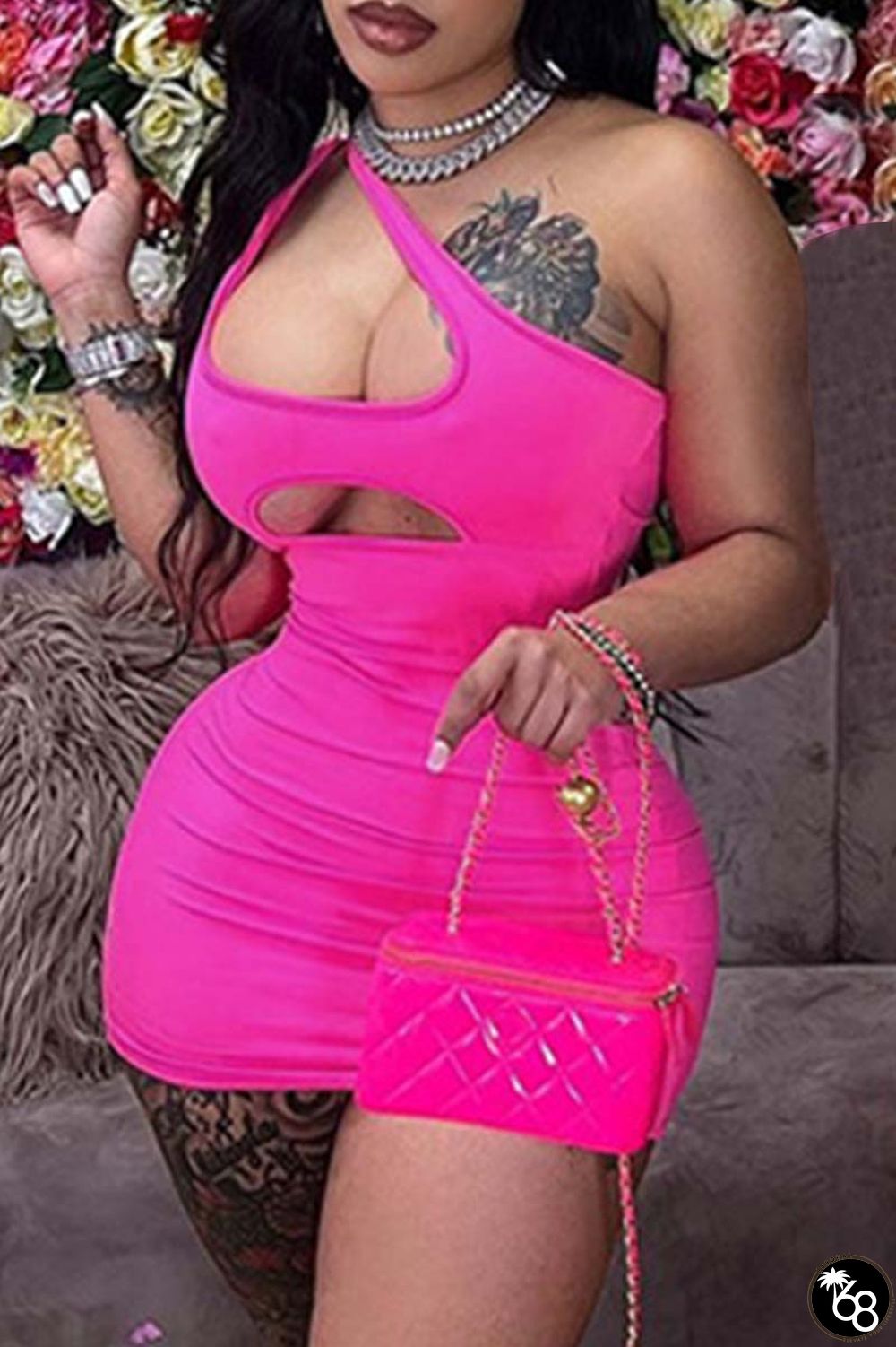 Rose Red Sexy Solid Hollowed Out Backless Oblique Collar Sleeveless Dress Dresses | 168DEAL