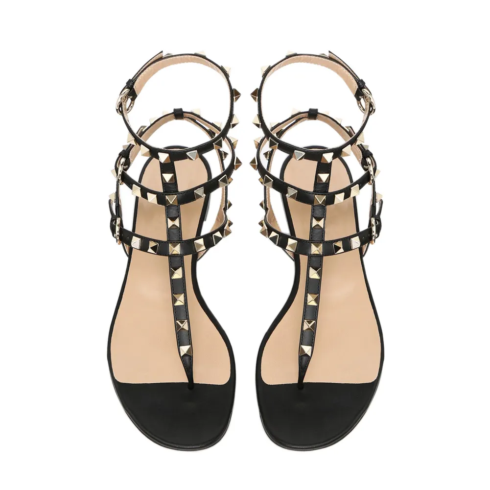 Women's Studded  T-Strap Strappy  Thong  Flats Sandals-vocosishoes