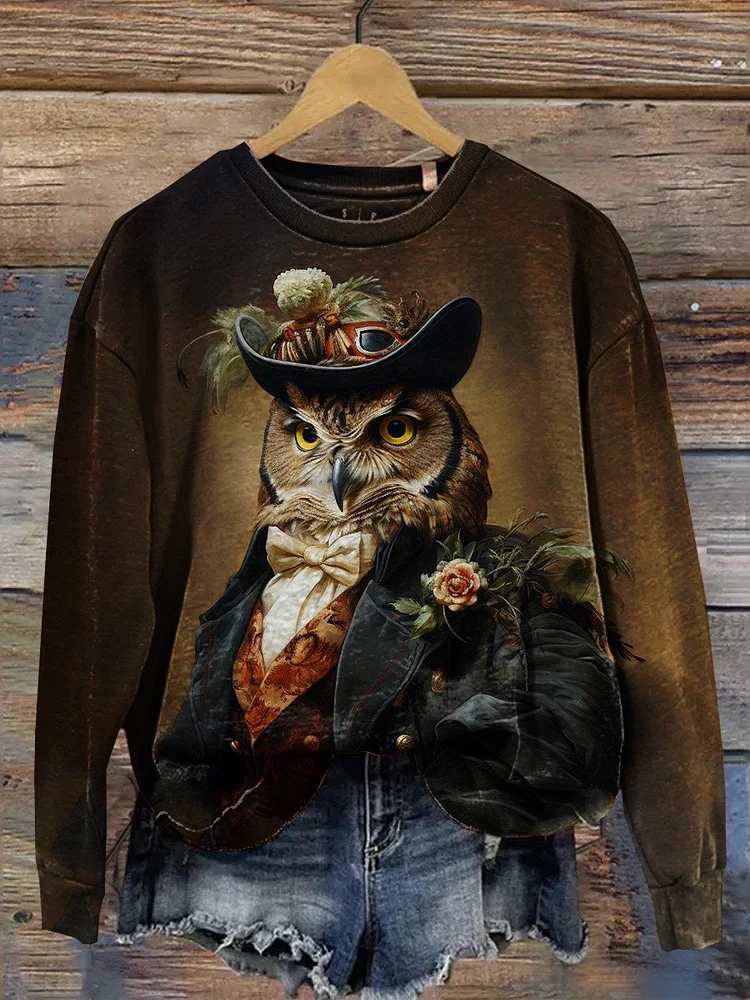 Women's Halloween Owl Print Casual Long Sleeve Sweatshirt