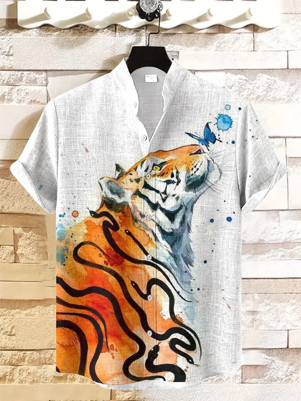 Men's Butterfly Tiger Watercolor Art Print Casual Shirt