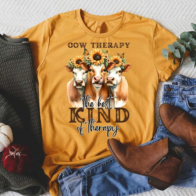 Cow Therapy The Best Kind Of Therapy Round Neck T-shirt-0025018