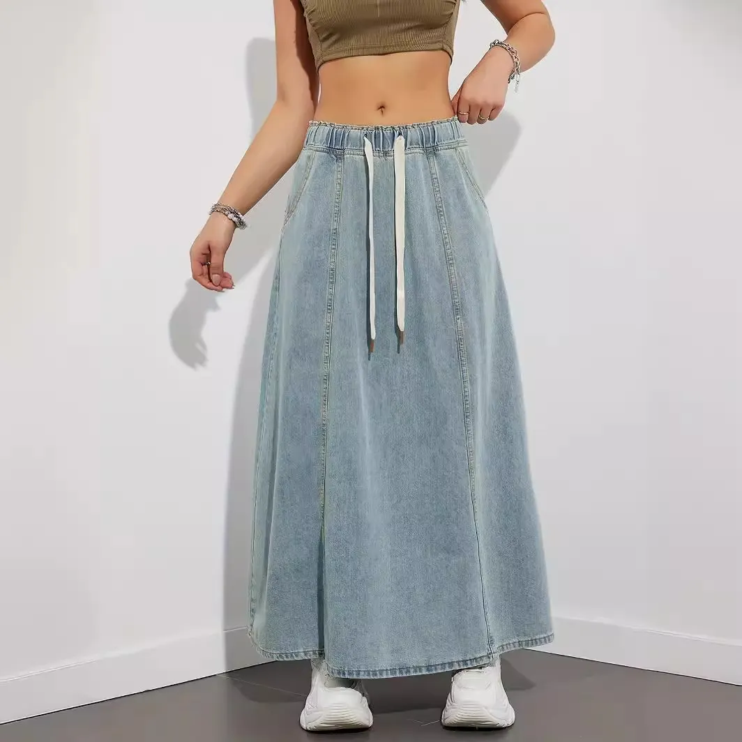 Women Elastic Waist Denim Maxi Skirt