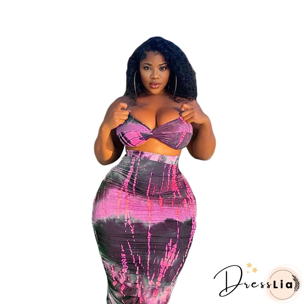 Summer Tie Dye Plus Size Fashion Clubwear Strapless Crop Top Maxi Skirts Women Sexy Two Piece Set