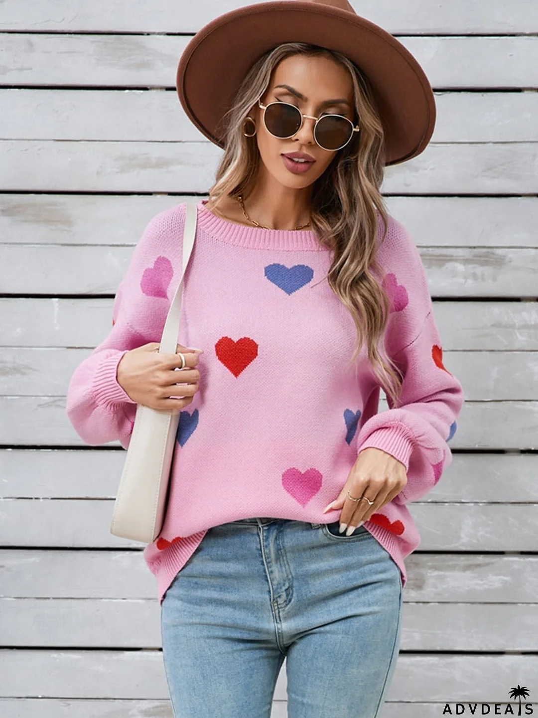 Heart-shaped, long-sleeved crew neck sweater