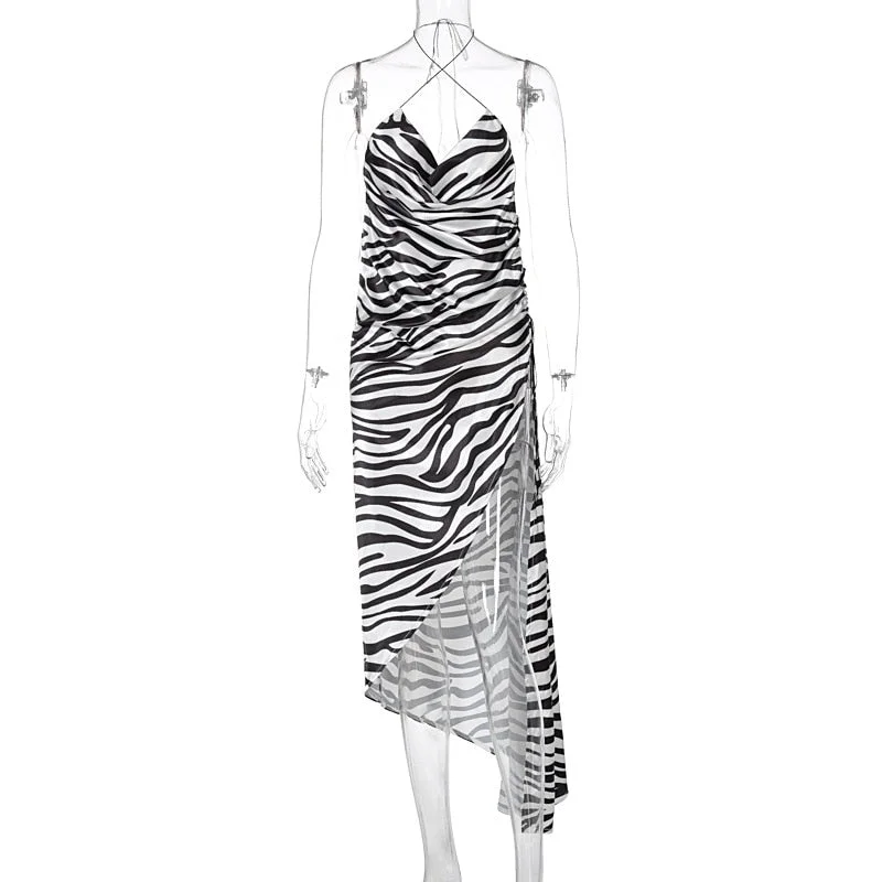 Julissa Mo Zebra Print Split Irregular Summer Dress 2021 Backless Strap Long Party Dresses For Women Sexy Halter Bandage Vestido