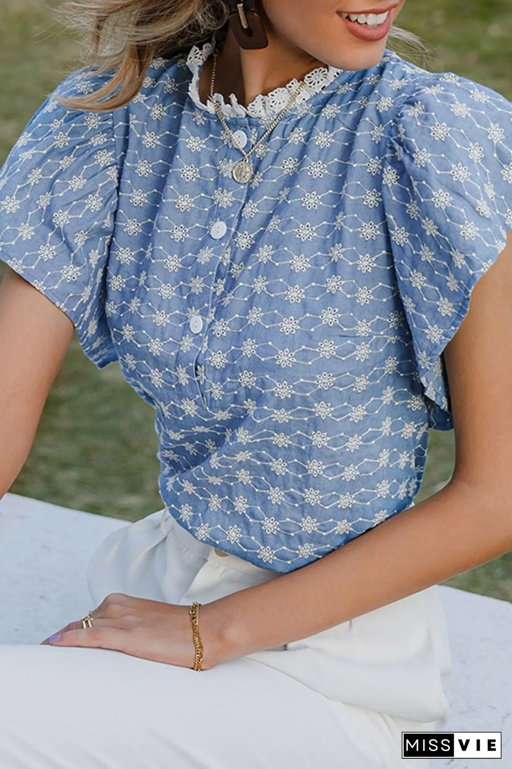 Lace Neck Ruffle Hollow-Out Blouse