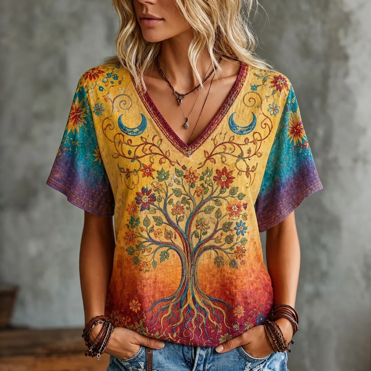 Women's Retro Hippie Tree Of Life Embroidery Art V Neck Short Sleeve T-shirt elevenforest