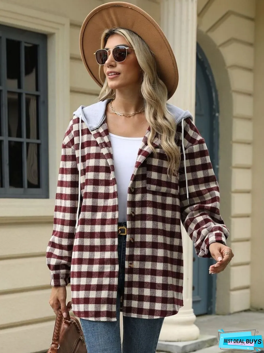Drawstring Plaid Long Sleeve Hooded Jacket
