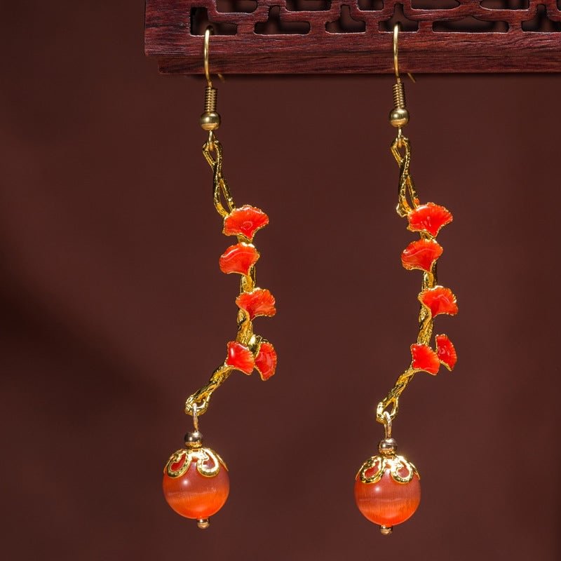 Vintage Palace Style Red Ginkgo Leaf Earrings- Fabulory