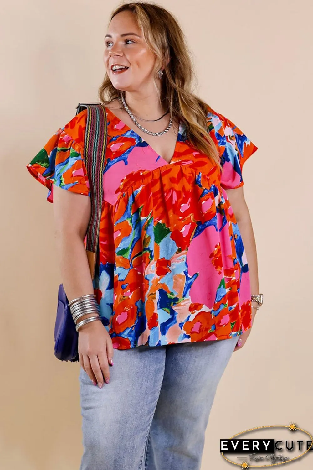 Red Abstract Floral Print V Neck Plus Blouse