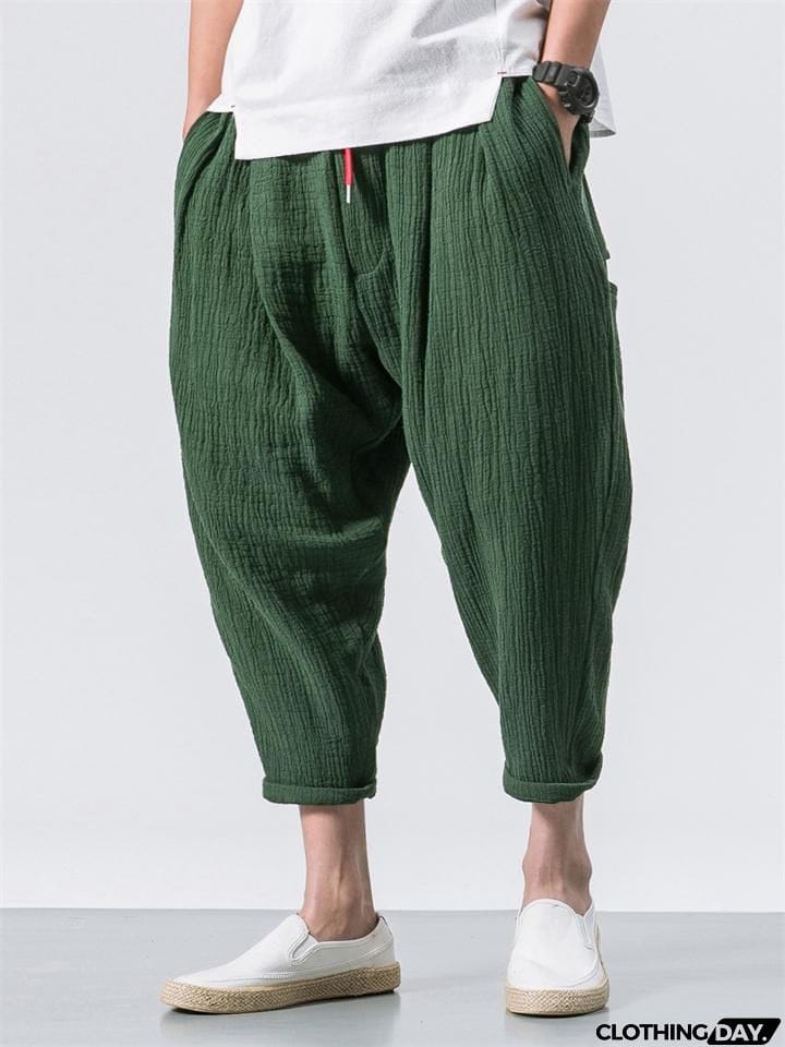 Men's Casual Loose Fashion Solid Color Linen Cropped Pants
