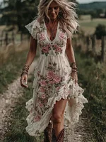 Women's Vintage Pink Rose Art V Neck Maxi Dress