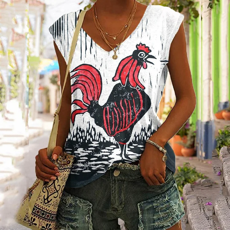 Comstylish Funny Chicken Print V-Neck Sleeveless Tank Top