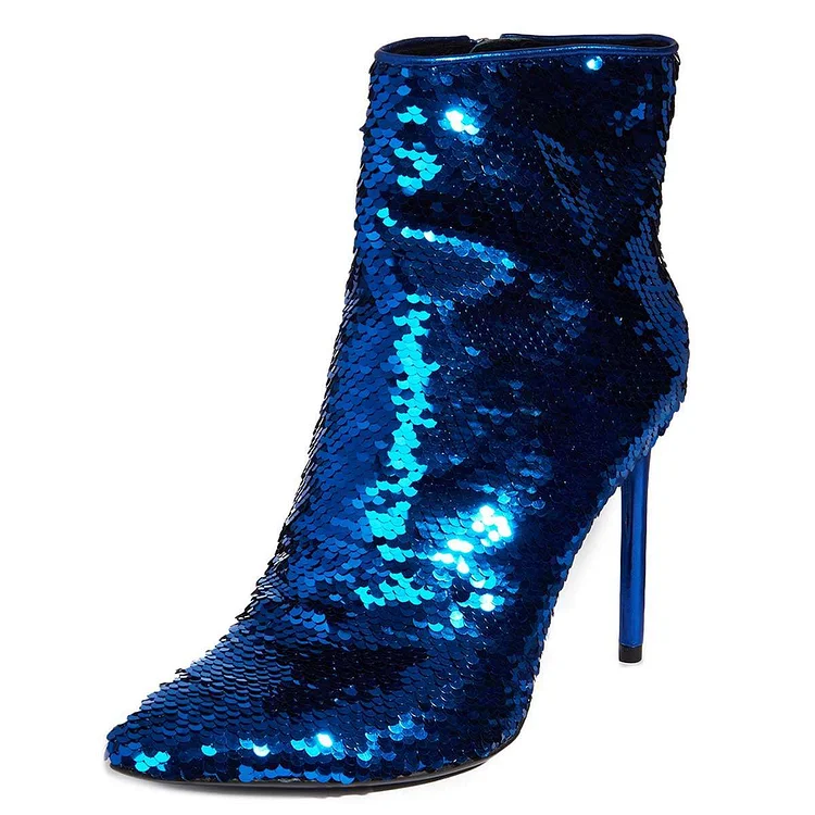 Blue Sequined Boots Stiletto Heel Ankle Boots |FSJ Shoes