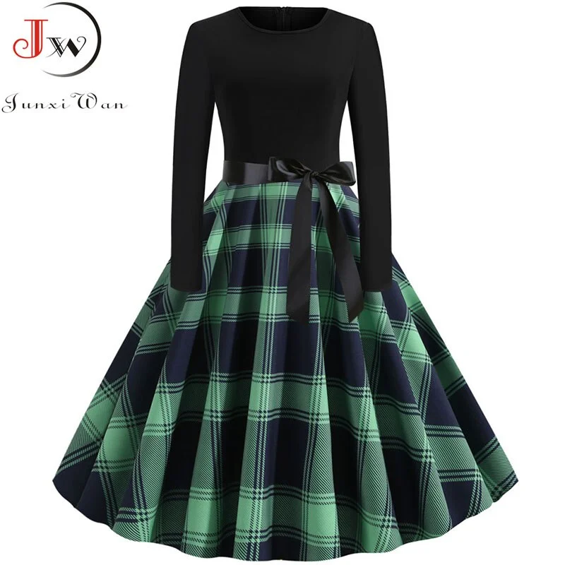 New Autumn Winter Women Plaid Print Dress Elegant Casual Vintgae Dress Robe Femme Black Patchwork A-line Party Vestidos