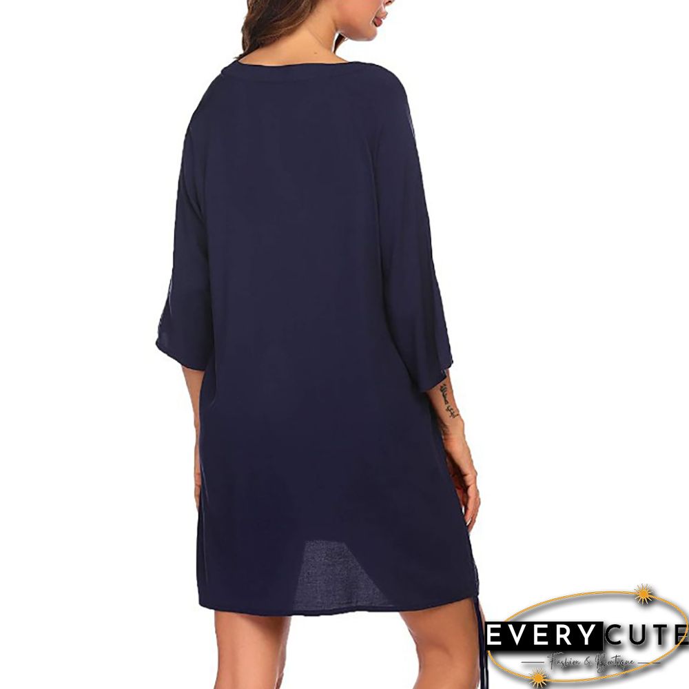 Navy Blue V Neck Drawstring Beach Cover Dress