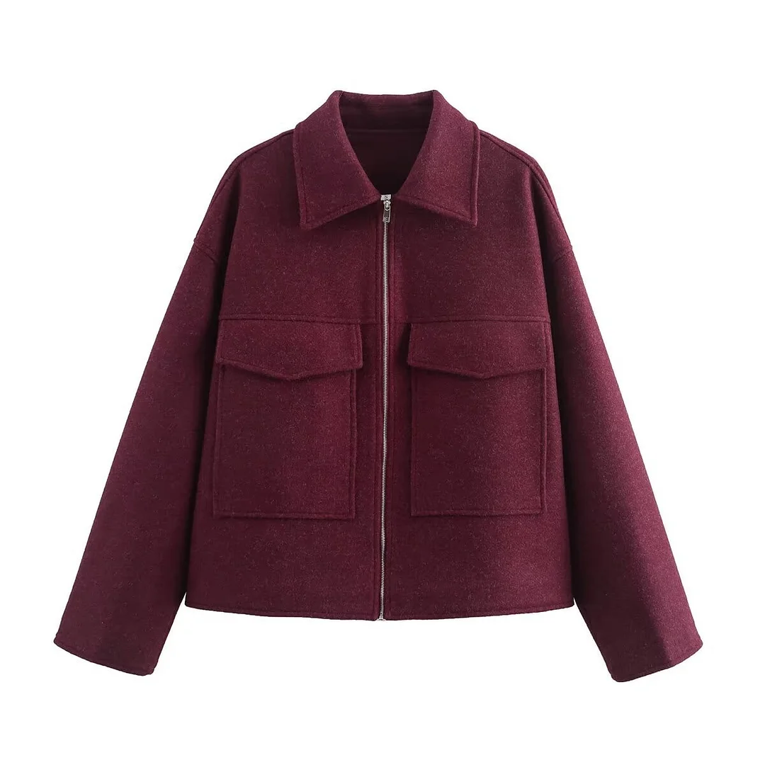 Nigikala Nigikala Autumn Fashion Wine Red Big Pocket Zipper Hair Coat Women's Clothing B88782