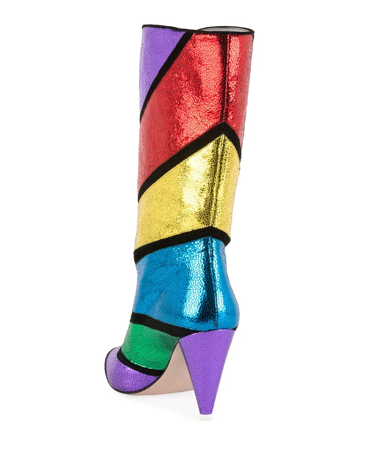 Colorful Pointy Toe Fashion Boots Cone Heel Mid Calf Boots Vdcoo