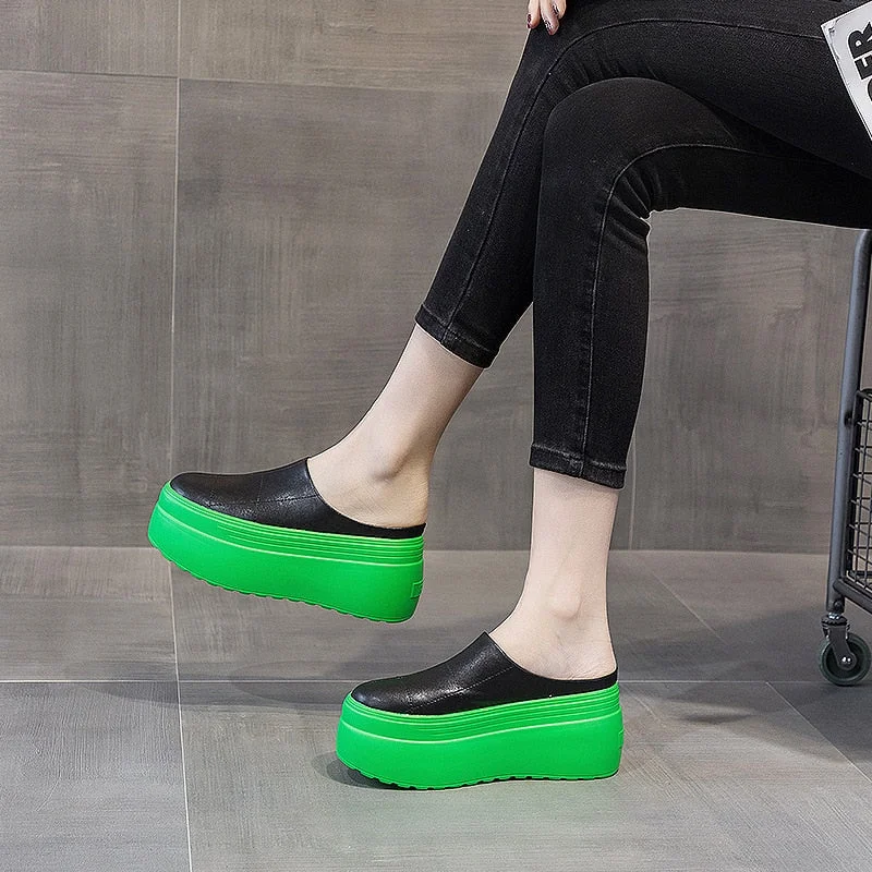 Fujin 2022 8cm Women Shoes Mules Genuine Leather Gereen White Black Platform Shoes Sandals Slippers Slides Women Summer Shoes