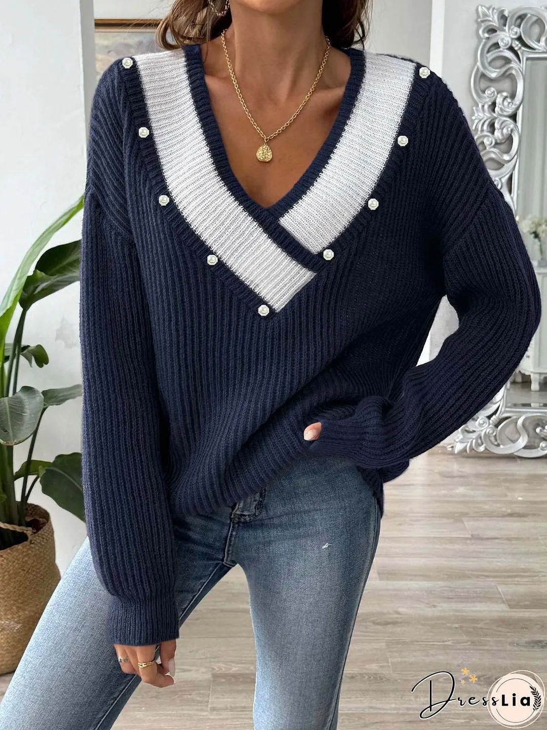 Contrast Trim Dropped Shoulder Long Sleeve Sweater