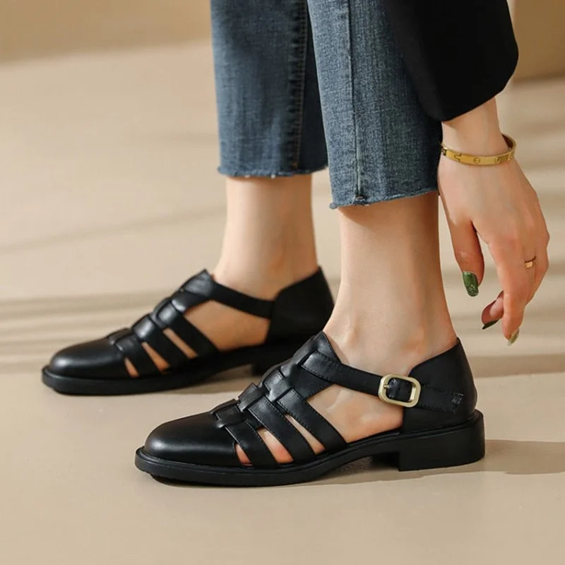  2022 Summer Women Shoes Round Toe Low Heel Shoes Women Solid Women Sandals Casual Cow Leather Shoes for Women Roman Black Shoes